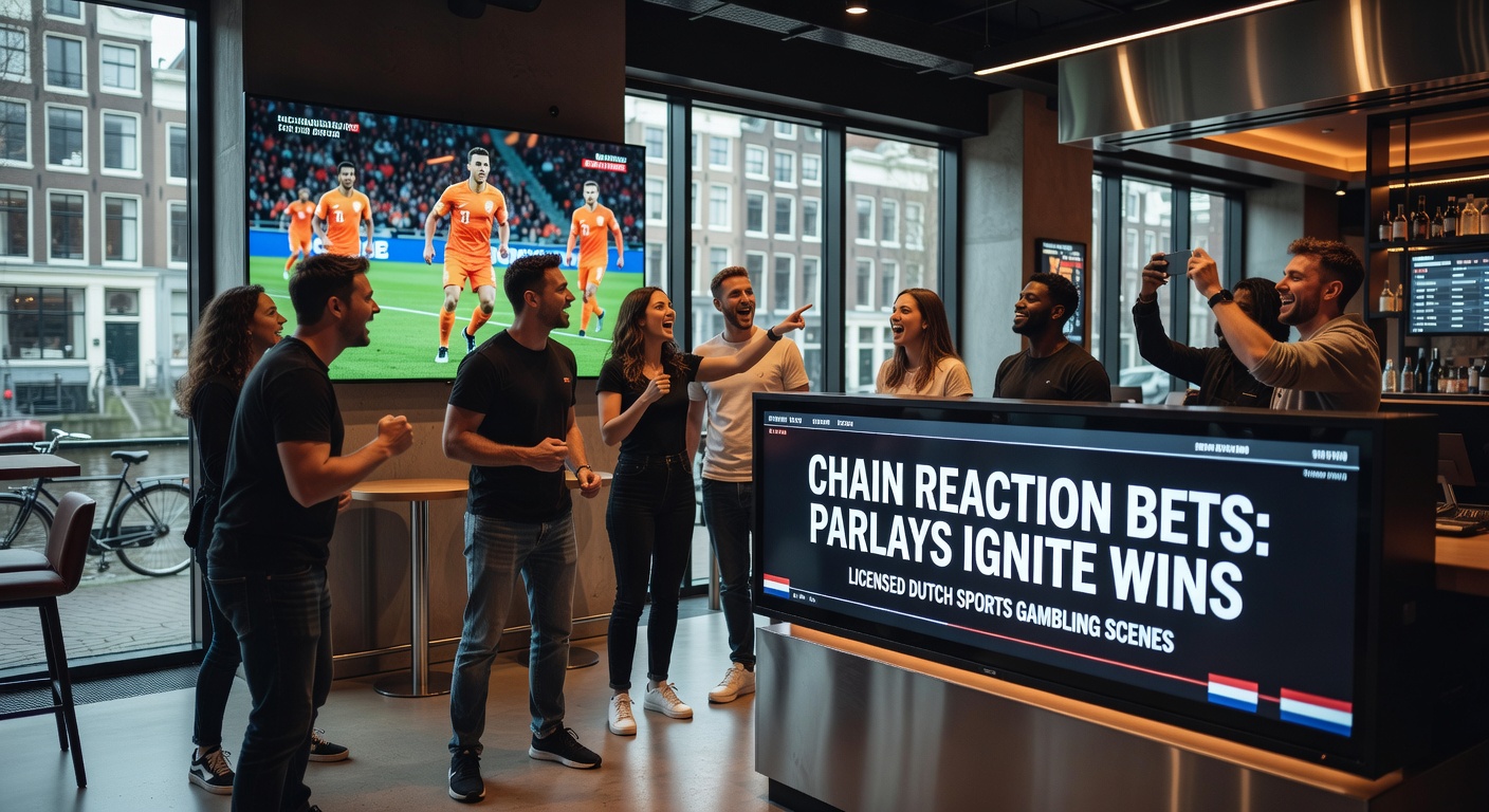 Een dynamische weergave van een parlay-weddenschap op een Nederlands gelicenseerd sportgokplatform, met gekoppelde wedopties op voetbal, tennis en basketbal die een kettingreactie van potentiële winsten tonen
