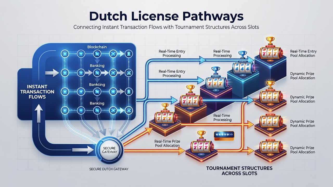 Overzicht van toernooistructuren die slots, tafels en sportmarkten verbinden via mobiele licentiepad
