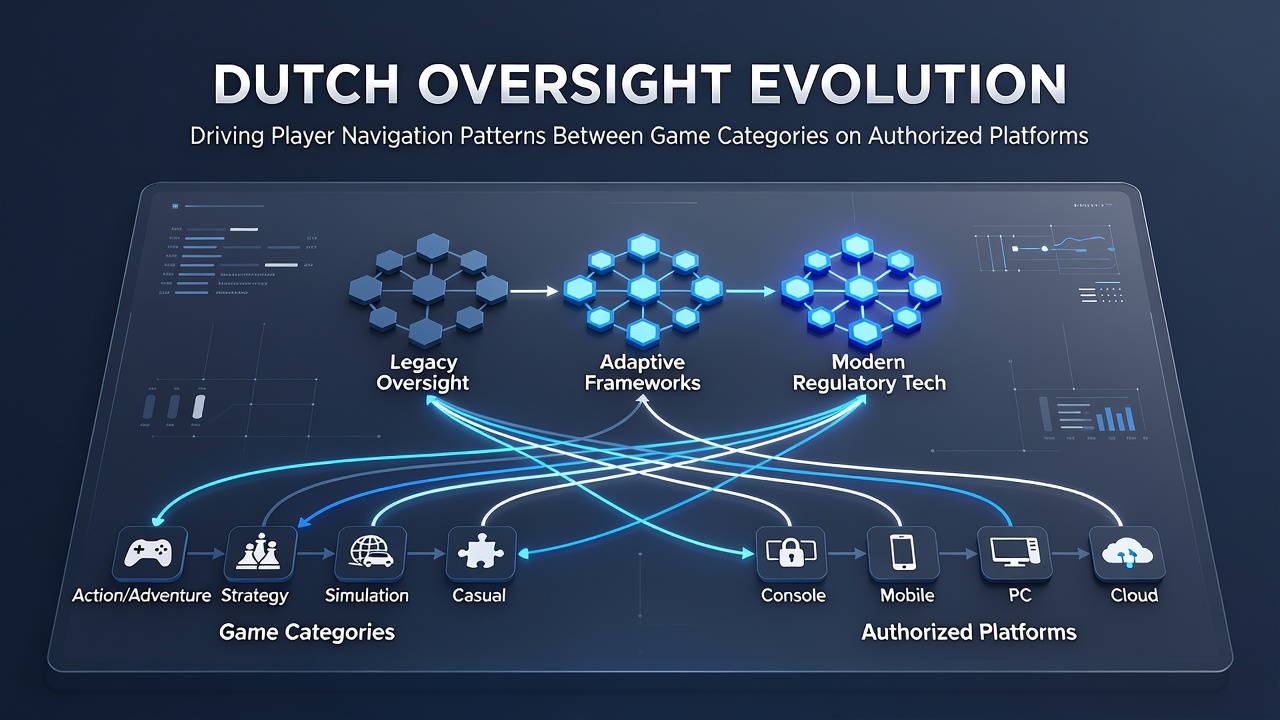 Illustratie van Nederlandse toezichtstructuren die spelersnavigatie tussen spelcategorieën beïnvloeden op legale platforms