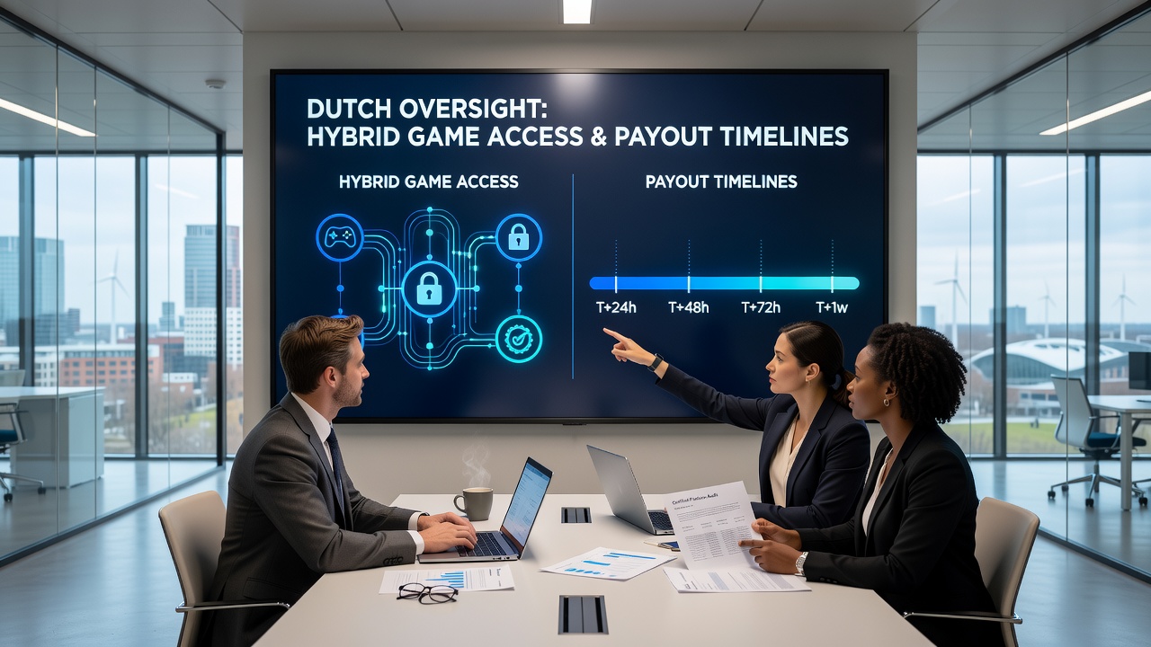 Illustratie van Nederlandse toezichthouders die hybride spelplatforms monitoren met focus op toegang en uitbetalingen