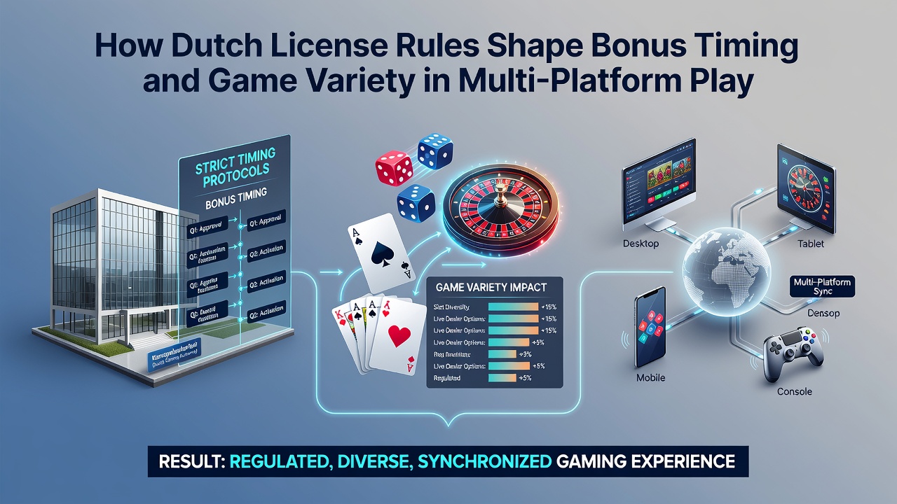 Illustratie van Nederlandse KSA-licentieregels die bonus timing en spelvariëteit beïnvloeden in multi-platform gokken