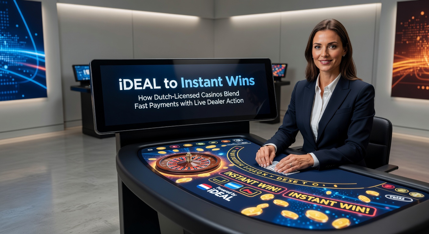 Speler aan tafel met live dealer op scherm, iDEAL betaalicoon zichtbaar, snelle transactie in actie