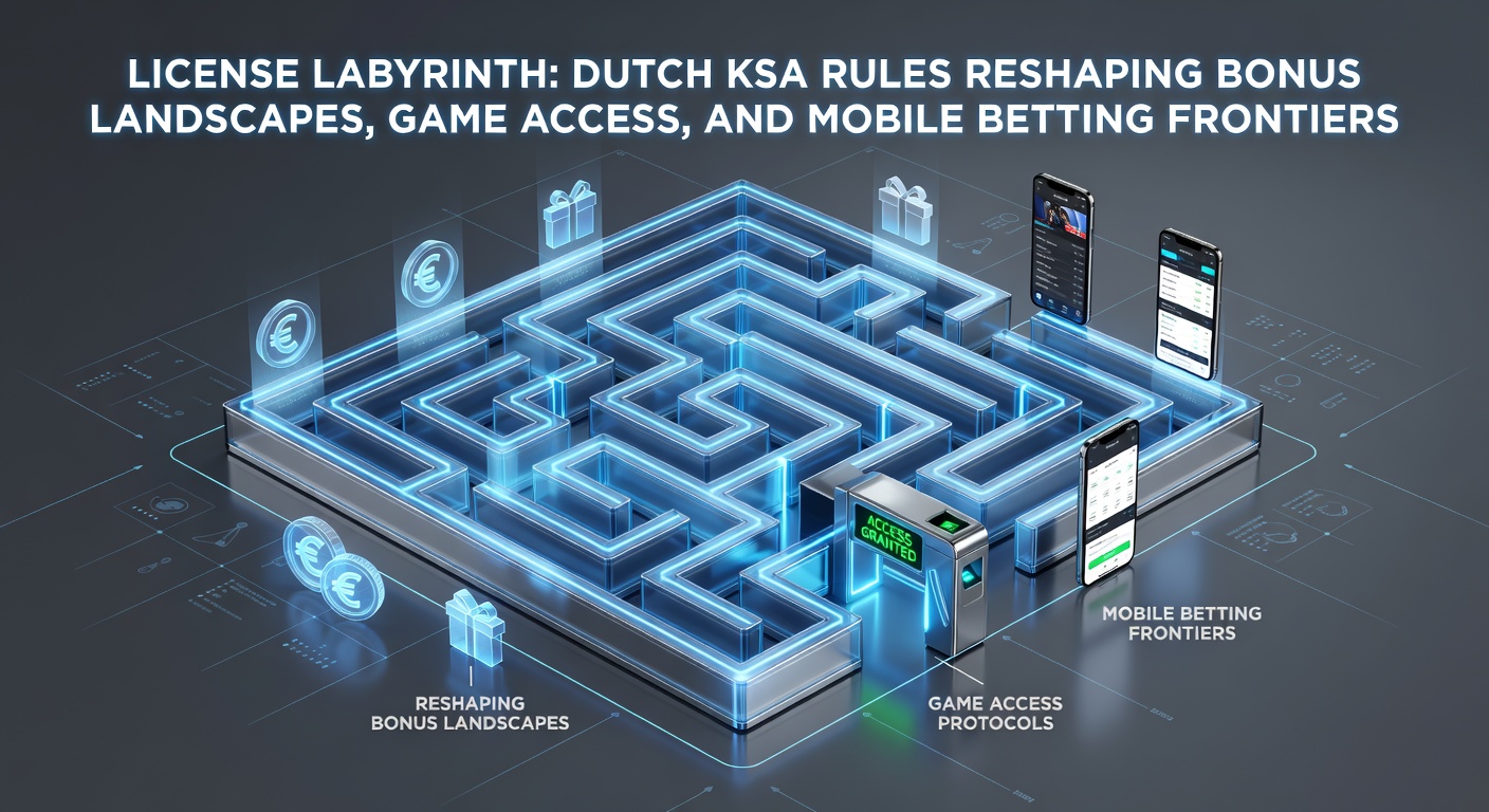 Schematische weergave van het complexe licentieproces bij de Nederlandse KSA, met paden die leiden naar bonussen, spellen en mobiele platforms