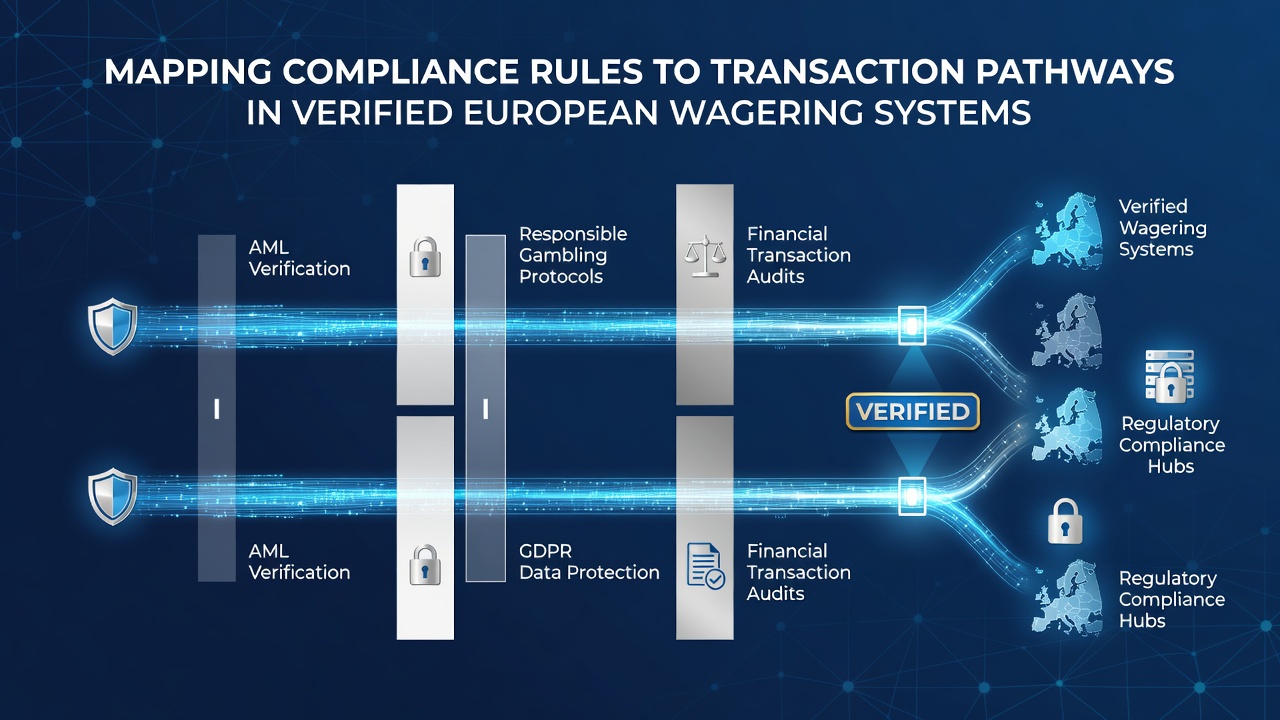 Diagram dat compliance regels verbindt met transactiepaden in Europese weddenschapsystemen