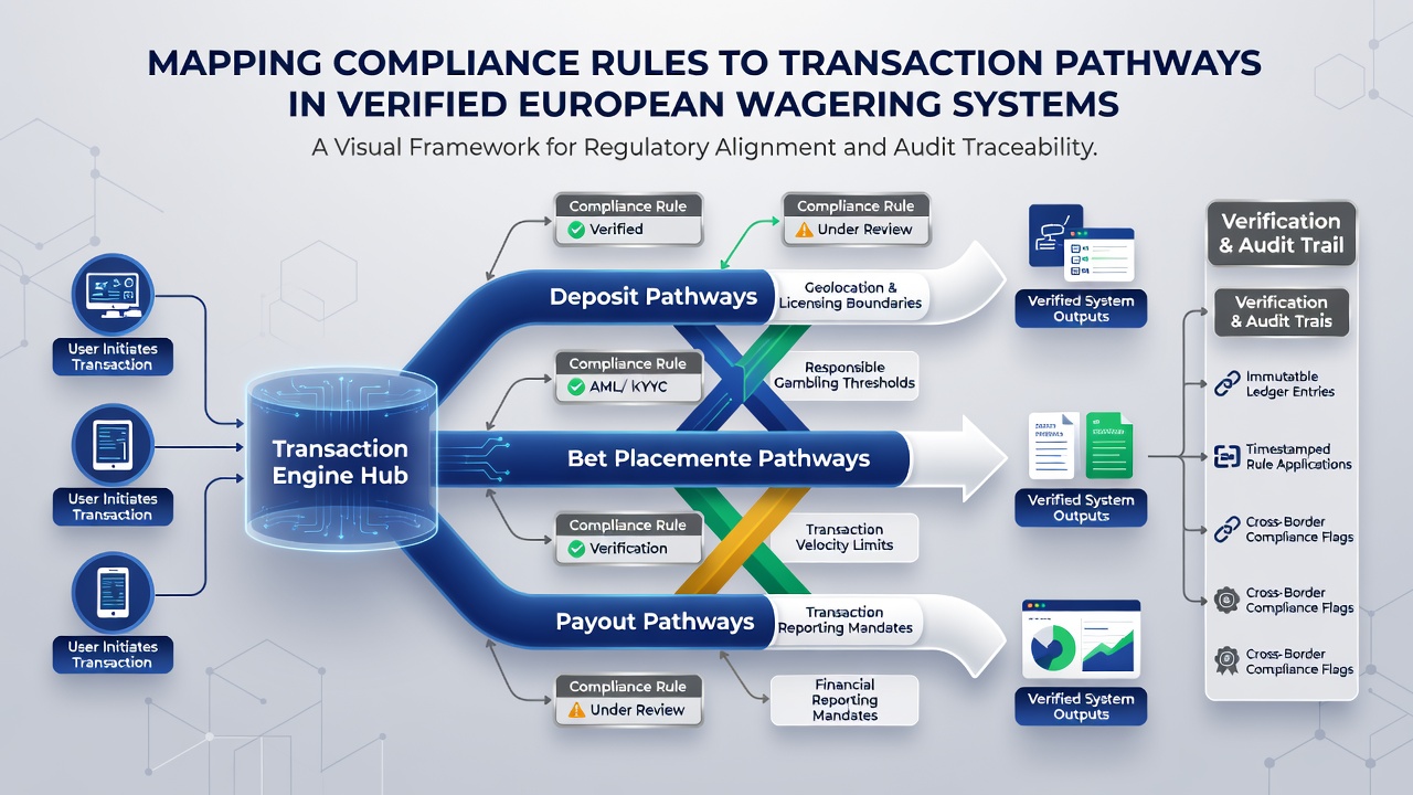Flowchart van transactiepaden met compliance checkpoints in Europese goksytemen