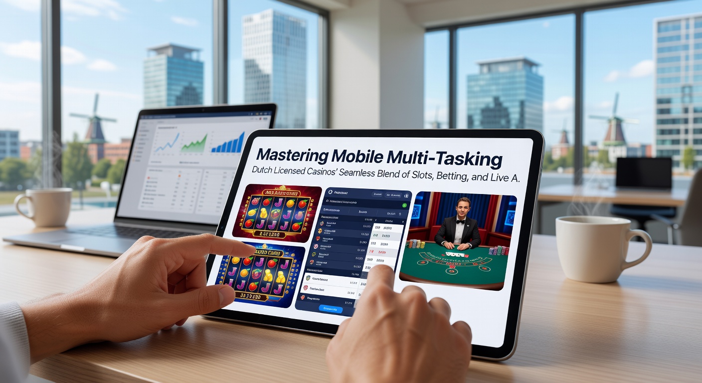 Voorbeeld van een speler die op een mobiel apparaat schakelt tussen een draaiende slotmachine, live blackjack-tafel en lopende sportweddenschappen