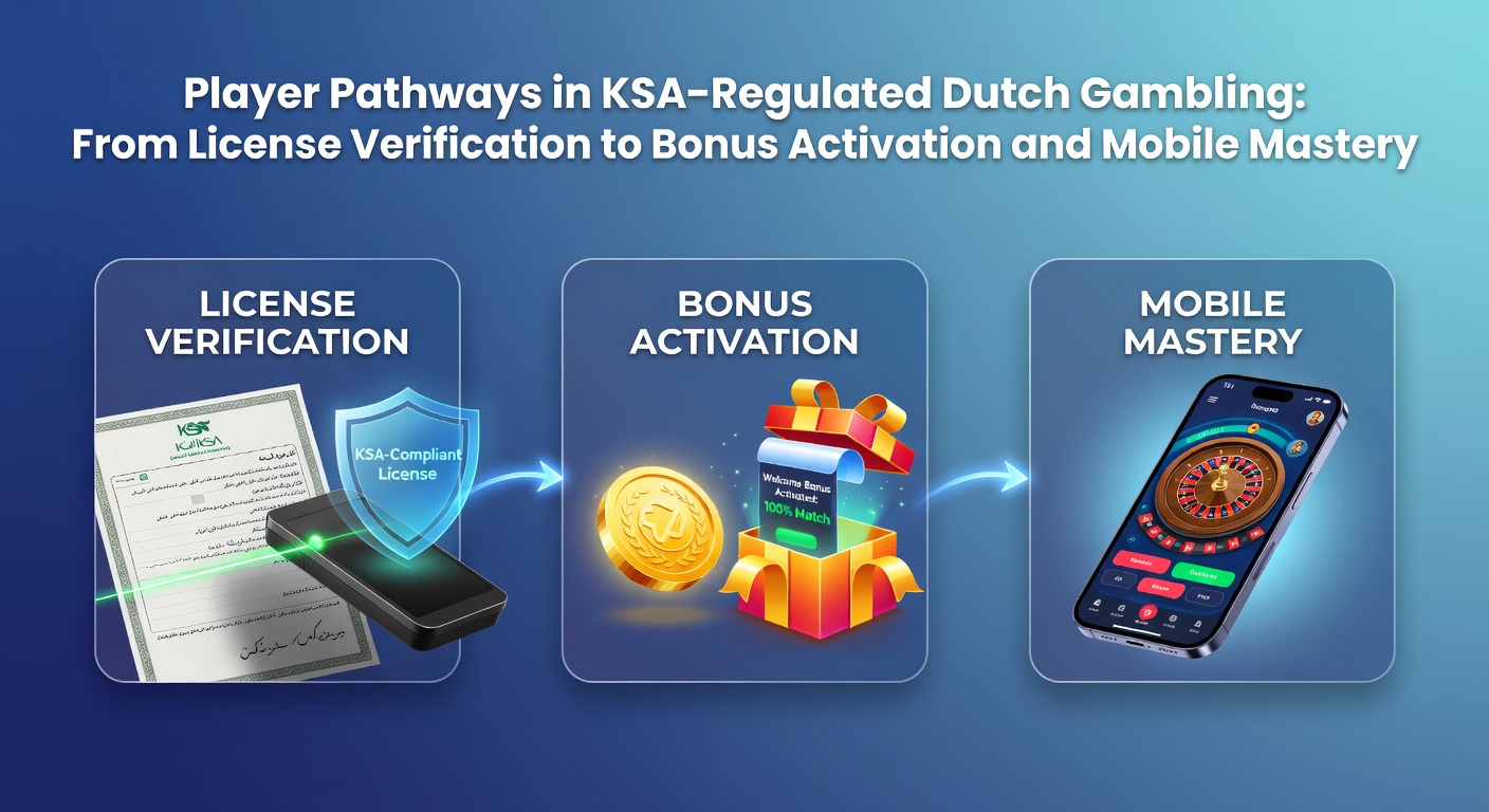 Speler navigeert door KSA-gelicentieerde casino-interface op mobiel, met stappen van verificatie tot bonusclaims zichtbaar