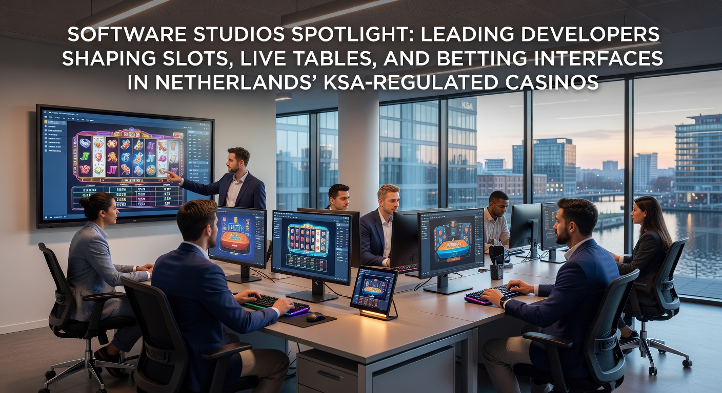 Dynamische weergave van software studios die innovatieve gokspellen ontwikkelen voor Nederlandse KSA-casinos, met slots en live tafels in de spotlight