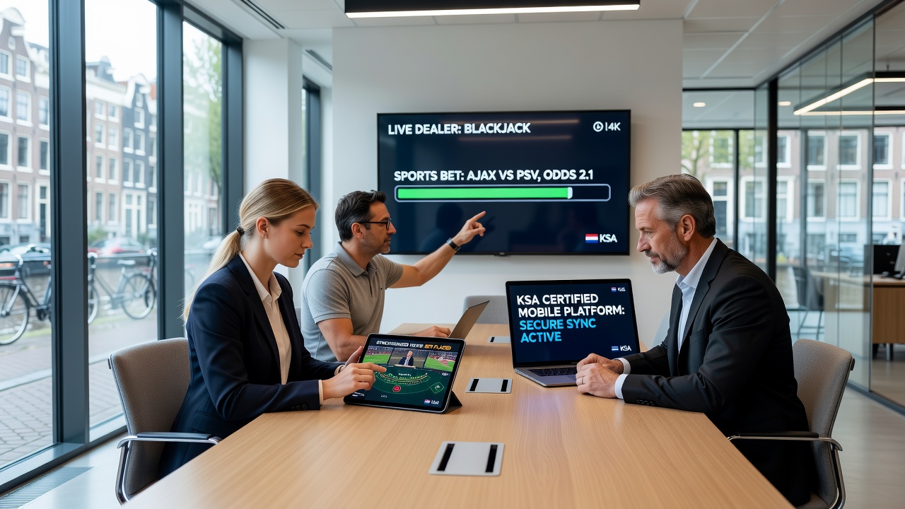 Mobiele app interface die live dealer blackjack combineert met realtime sportweddenschappen op een KSA gecertificeerd platform