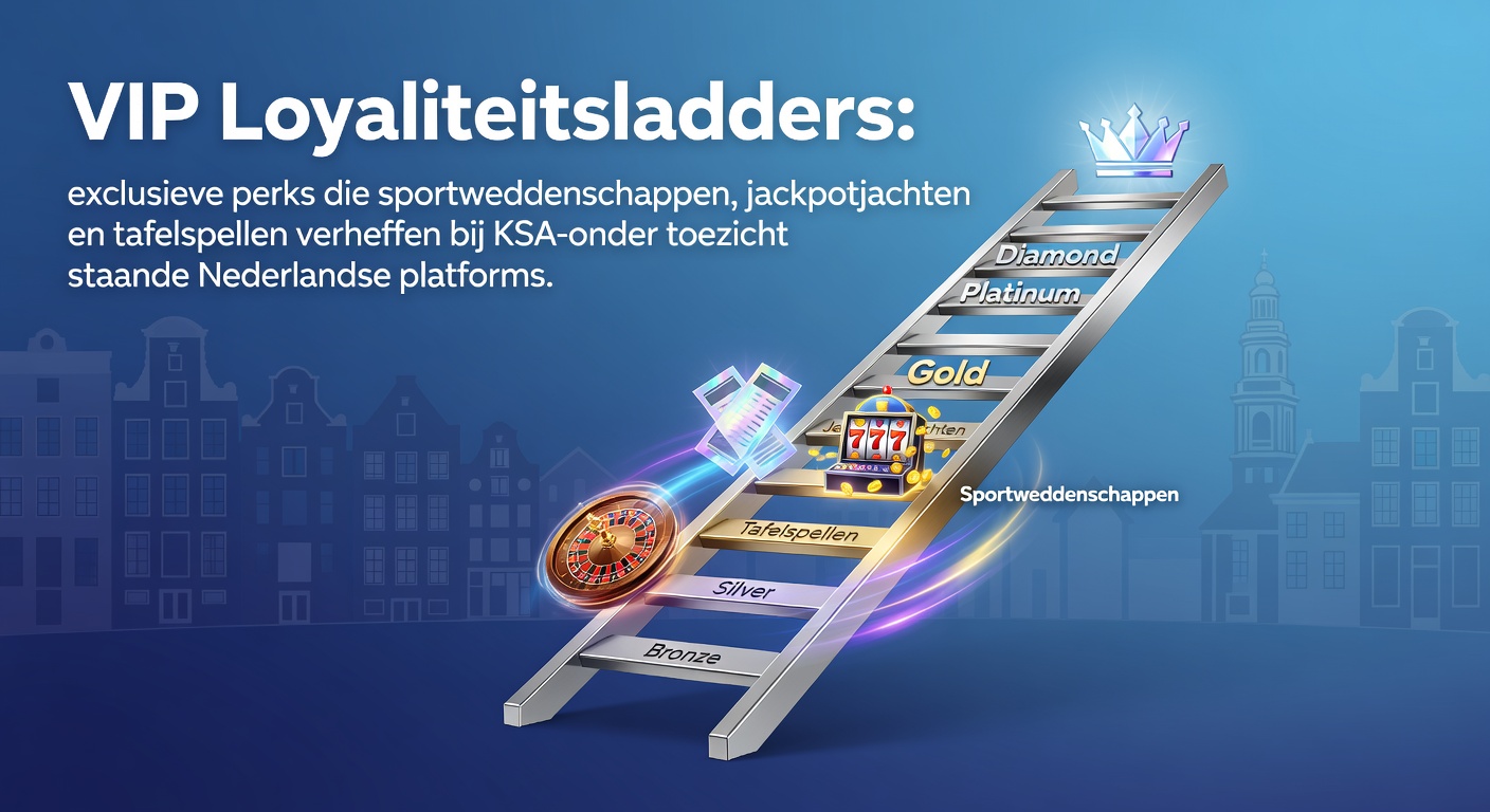 Grafische weergave van een VIP-loyaliteitsladder met trappen die leiden naar exclusieve perks zoals hogere limieten en persoonlijke managers bij Nederlandse KSA-casinos