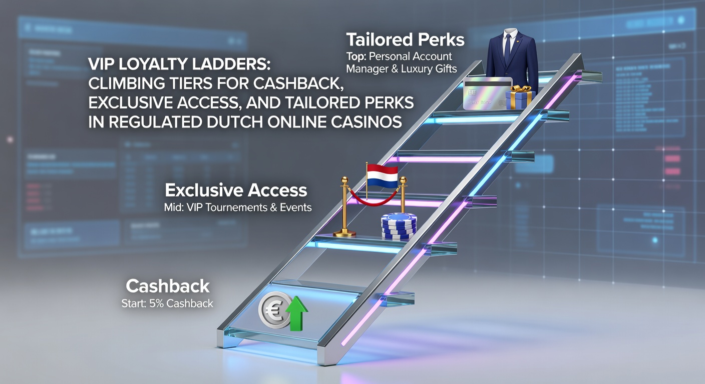Speler klimt een ladder van VIP-tiers in een Nederlands online casino, met symbolen voor cashback en exclusieve perks